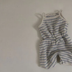 Striped Waffle Romper - Sky Blue